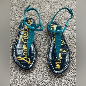 Girls Sam Edelman Teal T-Strap Croc-Embossed Sandals